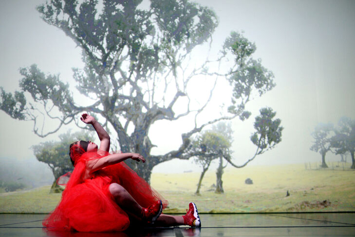 This picture shows a dancing person in a red costume made of transparent fabric. In the background, a nature landscape is to be seen, with several trees.